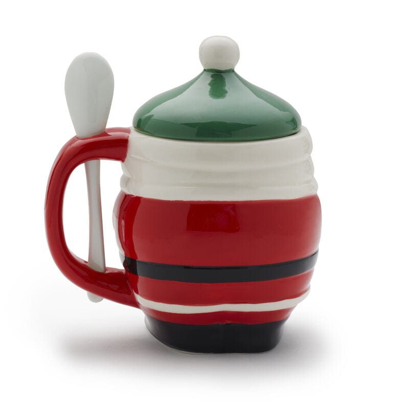 Festive Santa mug filled with hot chocolate, showing the vibrant design and spoon