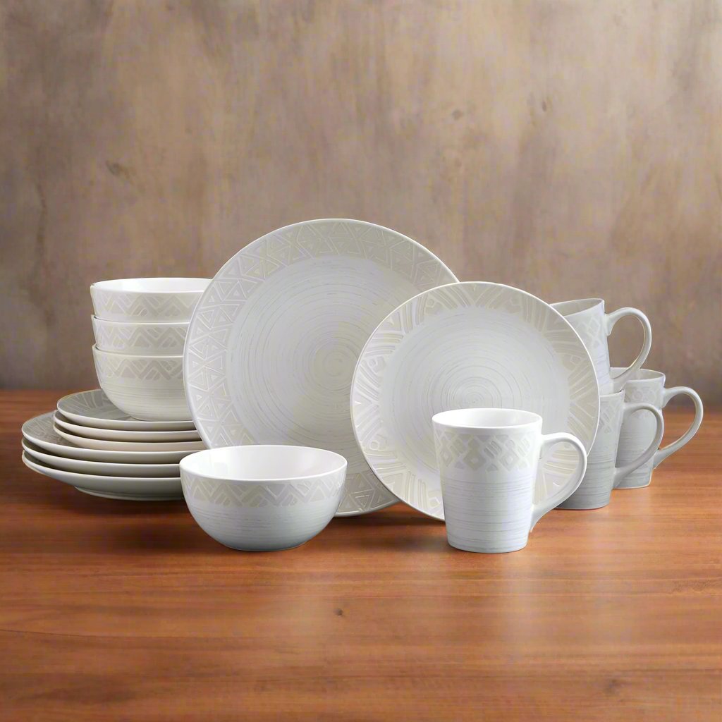 Close-up of geometric pattern on Vera stoneware dinnerware for 4