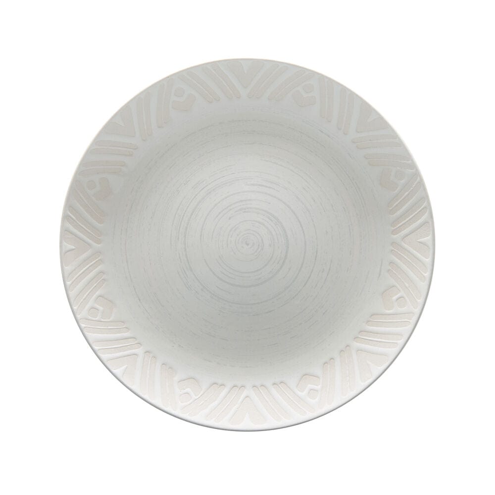 Close-up of geometric pattern on Vera stoneware dinnerware for 4