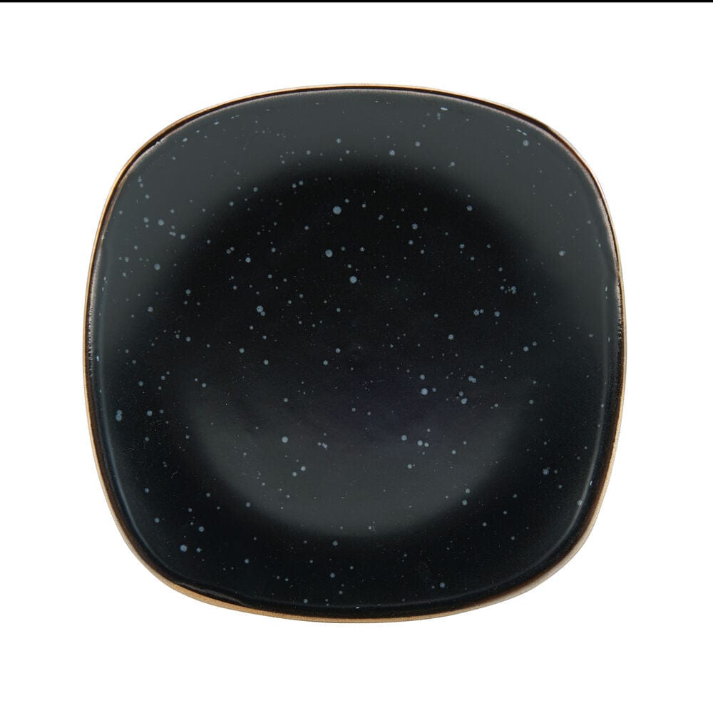 Close-up of the textured speckle pattern and metallic rim on Decker black dinnerware set