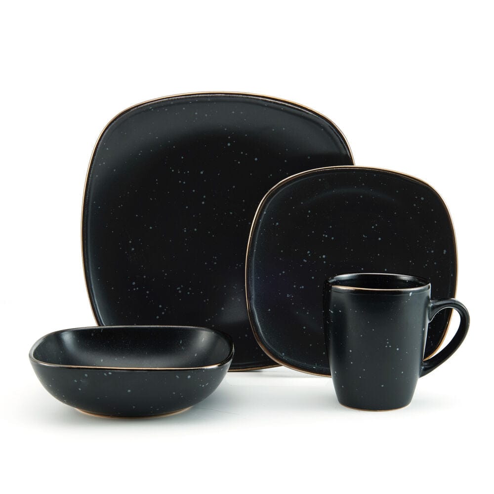 Square black stoneware dinnerware set with speckle design and metallic rims, perfect for everyday use