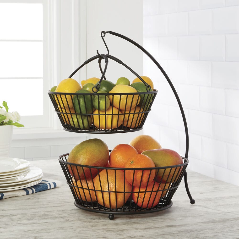 Close-up of Tully 2-Tier Fruit Storage Basket with banana hook in a modern kitchen