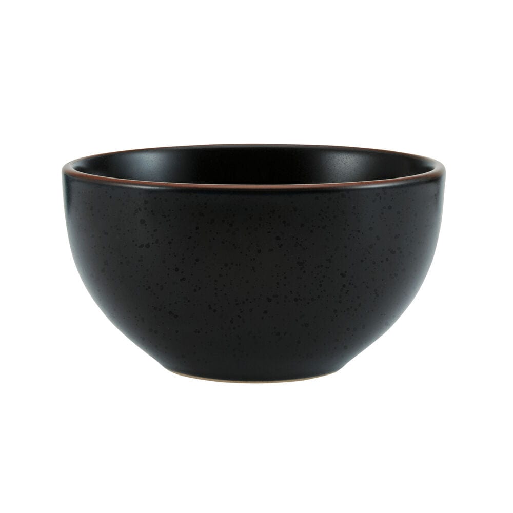 Close-up of the stoneware dinner plate from the Hunter Black set, highlighting the earth-tone band around the rim.