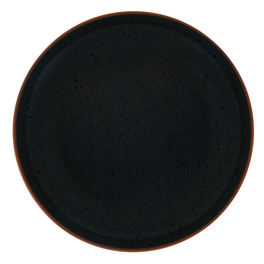 A complete table setting with the Hunter Black dinnerware set, featuring dinner plates, salad plates, and mugs.