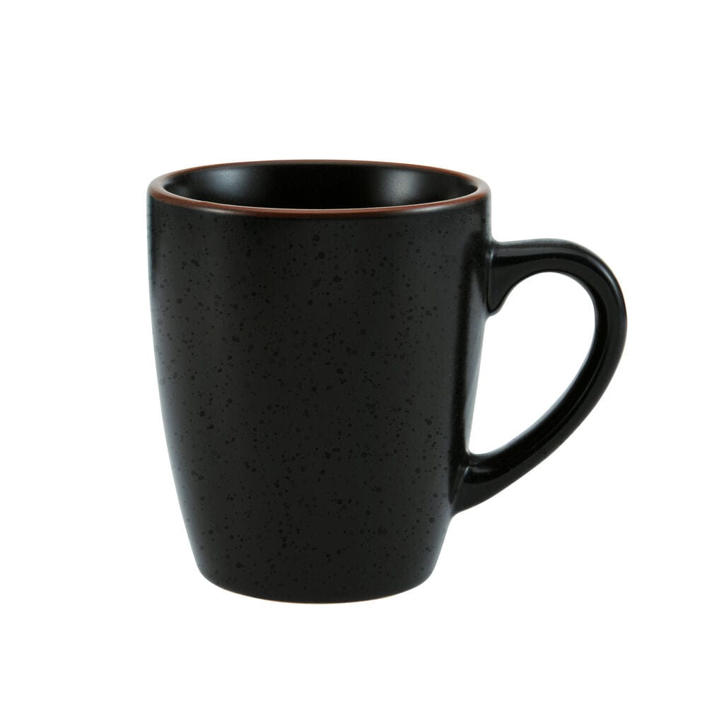 A complete table setting with the Hunter Black dinnerware set, featuring dinner plates, salad plates, and mugs.