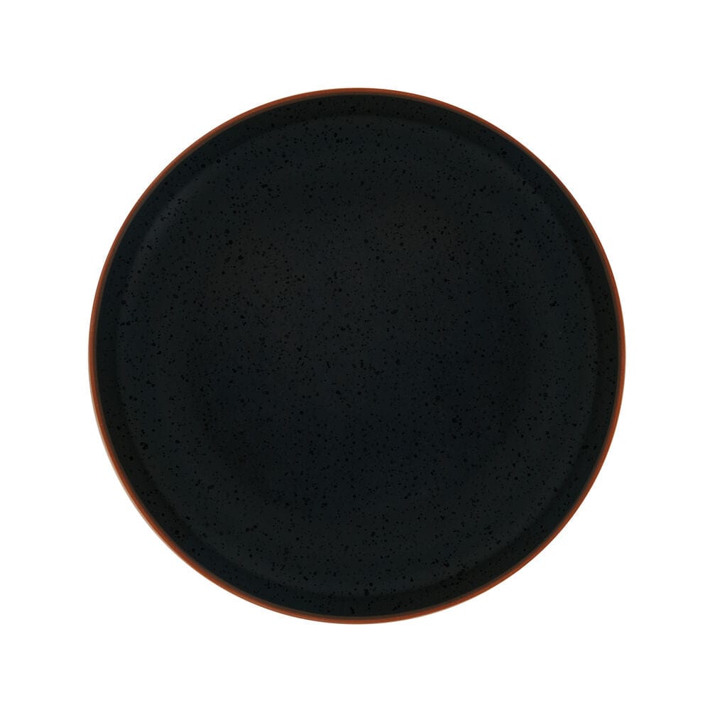 Hunter Black dinnerware set displayed on a dining table, showcasing its modern design and glossy speckles.