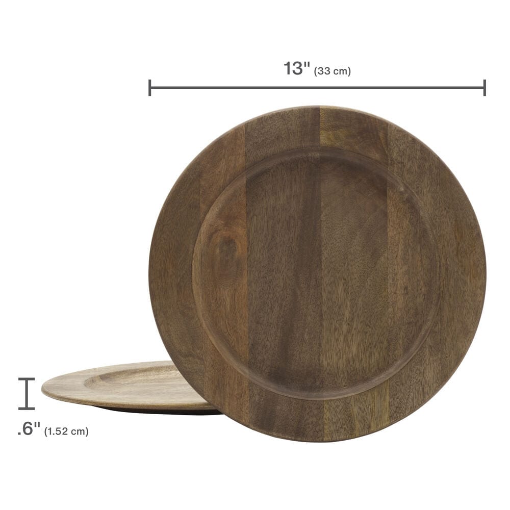 Stacked wooden charger plates showing their durable, rustic design