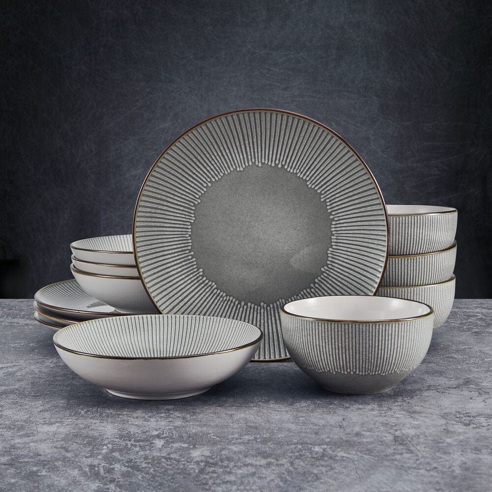 Close-up of embossed pattern on Arlie Gray dinnerware set