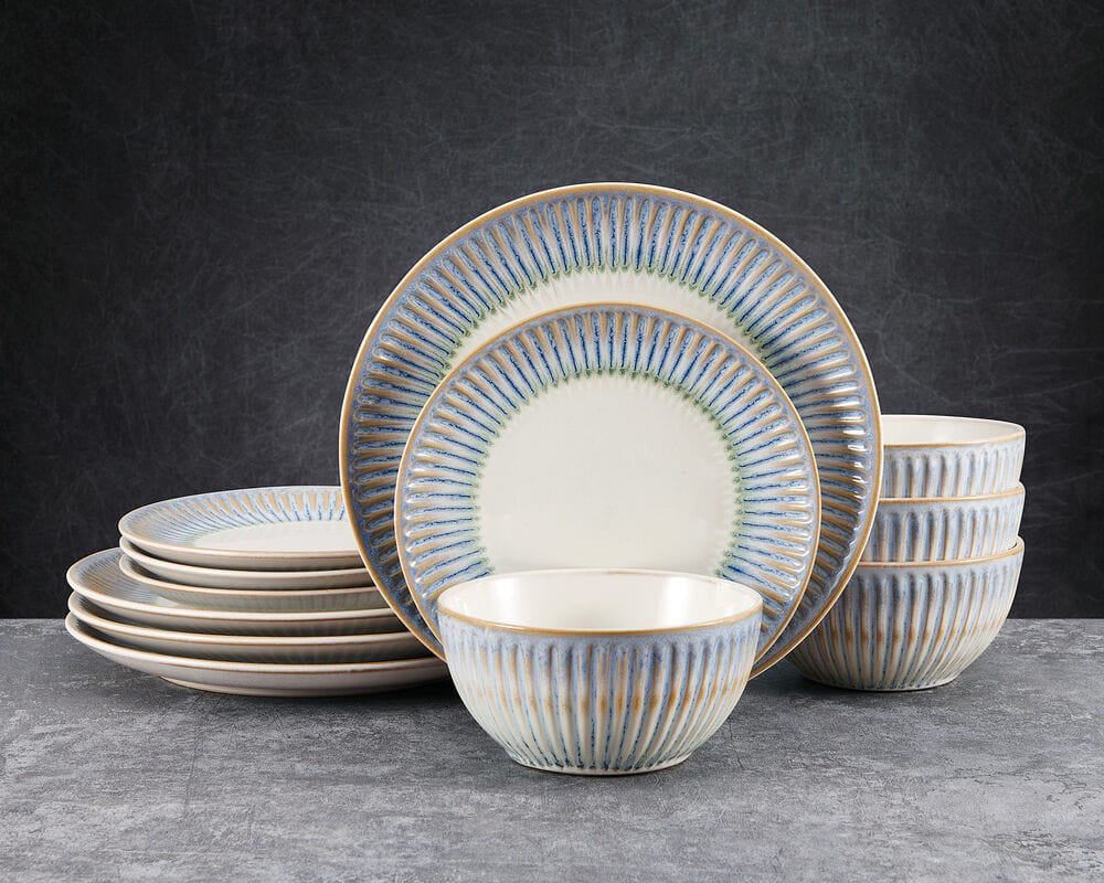 Family enjoying a meal with the Hensley Blue dinnerware set, showcasing its durability and style