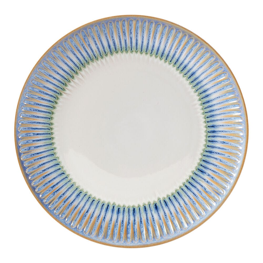 Family enjoying a meal with the Hensley Blue dinnerware set, showcasing its durability and style