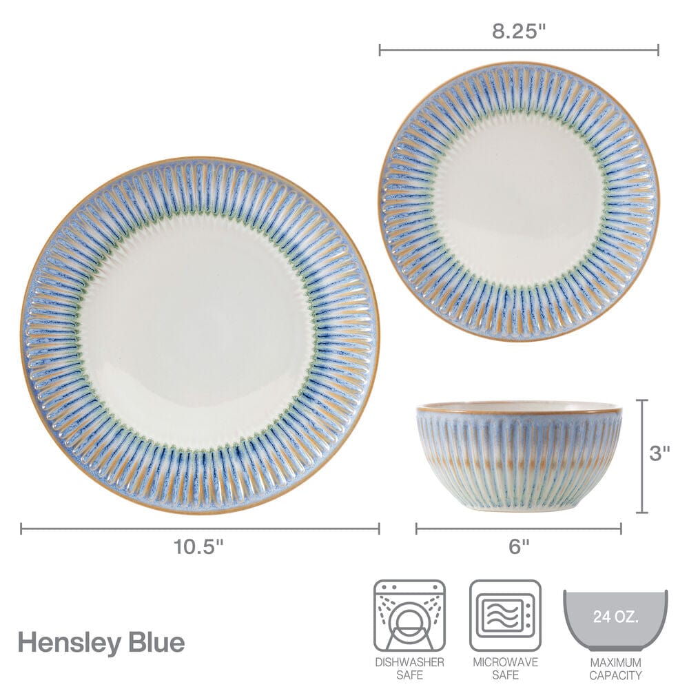 Close-up of embossed blue border and reactive glaze finish on stoneware dishes