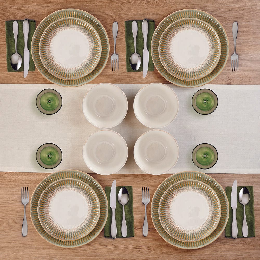 Close-up of bowl from Hensley Green dinnerware set filled with warm soup