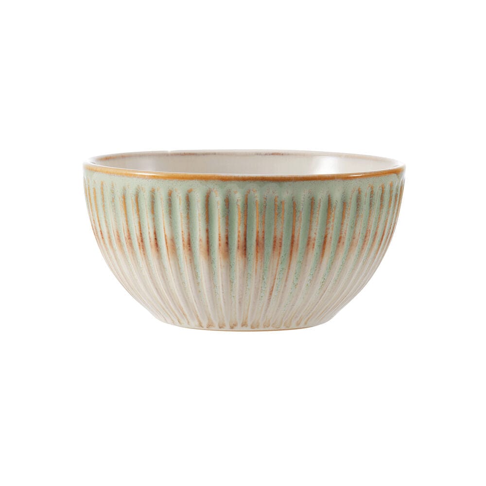 Close-up of bowl from Hensley Green dinnerware set filled with warm soup