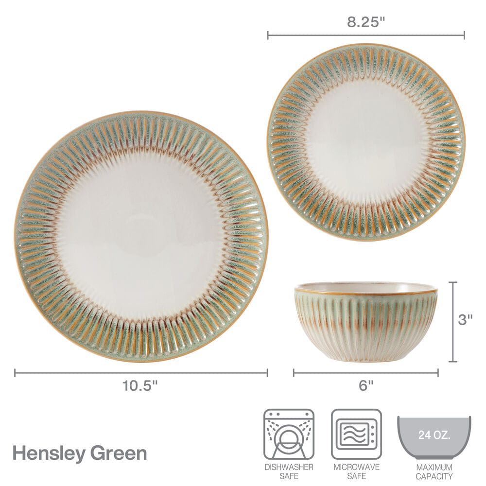 Close-up of bowl from Hensley Green dinnerware set filled with warm soup