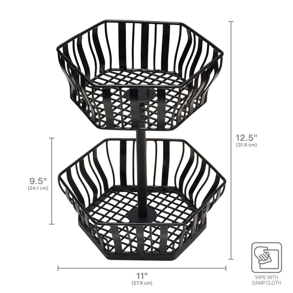 Front view of the elegant hexagonal 2-tier fruit basket showcasing its design and functionality.