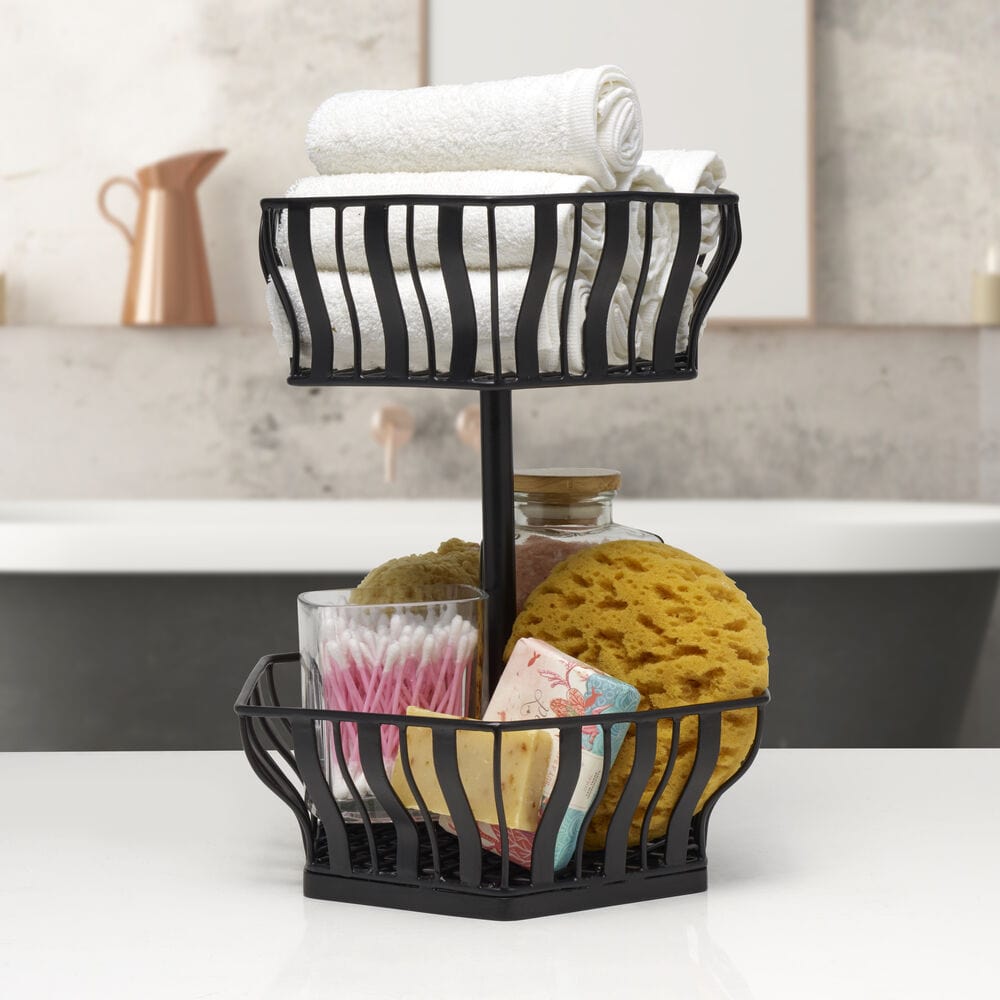 Front view of the elegant hexagonal 2-tier fruit basket showcasing its design and functionality.