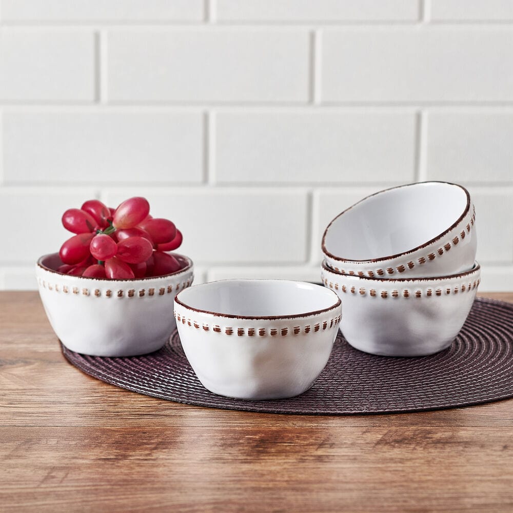 Close-up of the beaded rim on the rustic stoneware fruit bowls