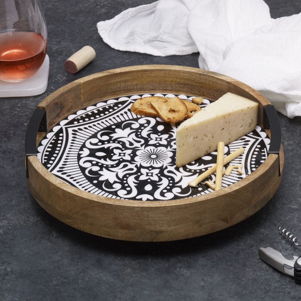 Kensington Black Lazy Susan showcasing its elegant design and intricate medallion pattern, perfect for dining tables.