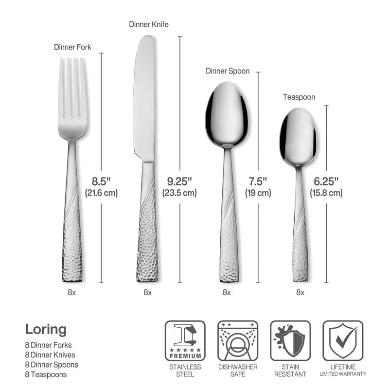 Serving utensils from the Loring flatware set in use during a family dinner, emphasizing its practicality and stylish appearance.