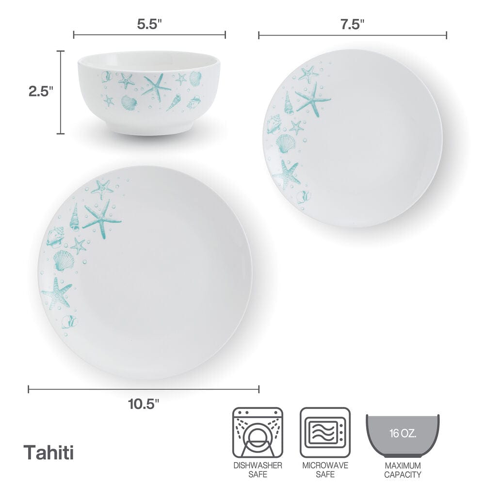 Whimsical ocean blue dinnerware set with starfish and seashells on a dining table