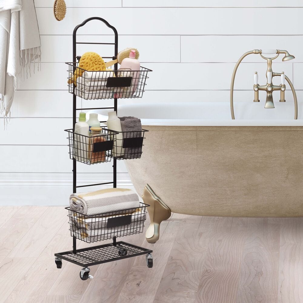 Versatile 3-tier storage rack with baskets and labels for organized pantry storage