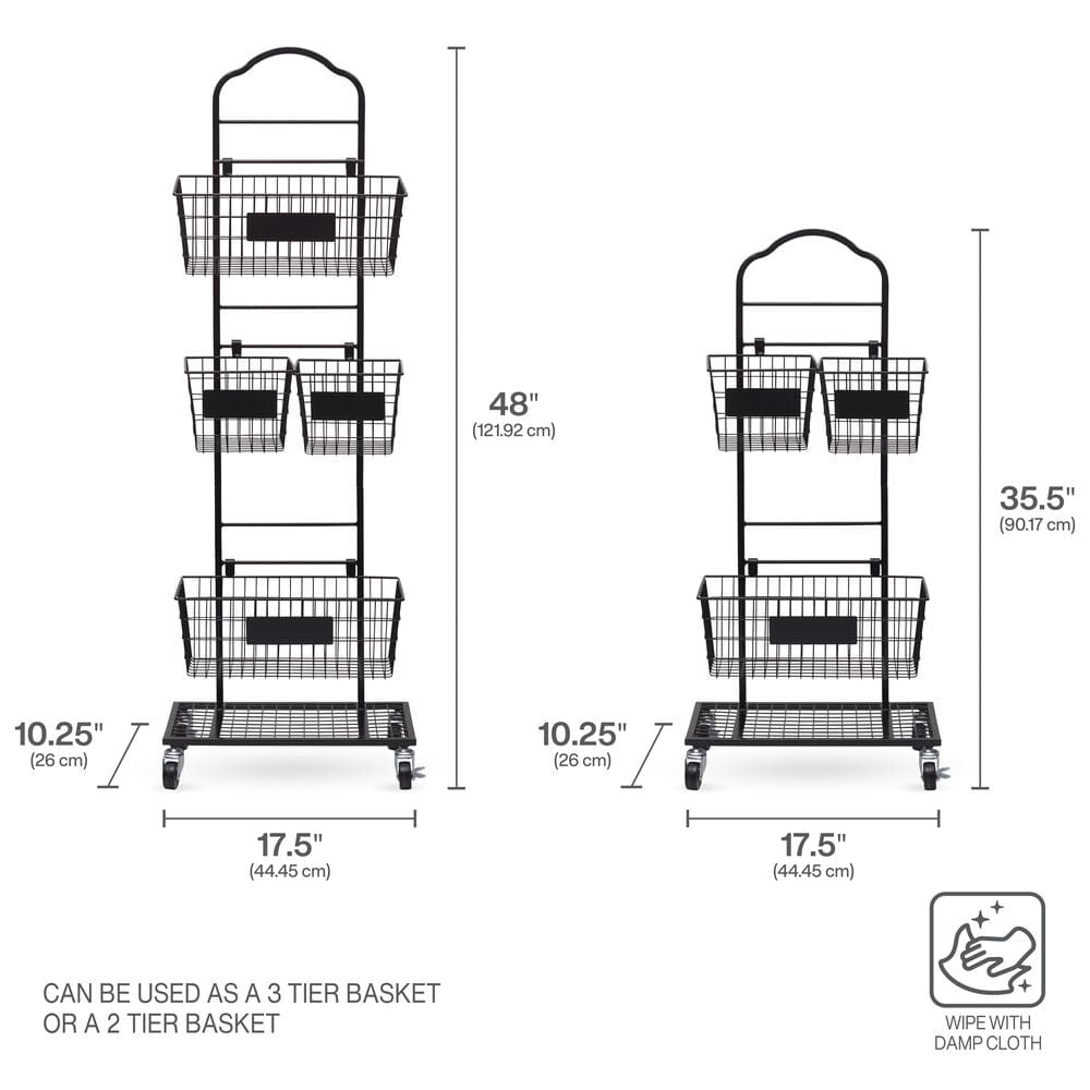 Versatile 3-tier storage rack with baskets and labels for organized pantry storage