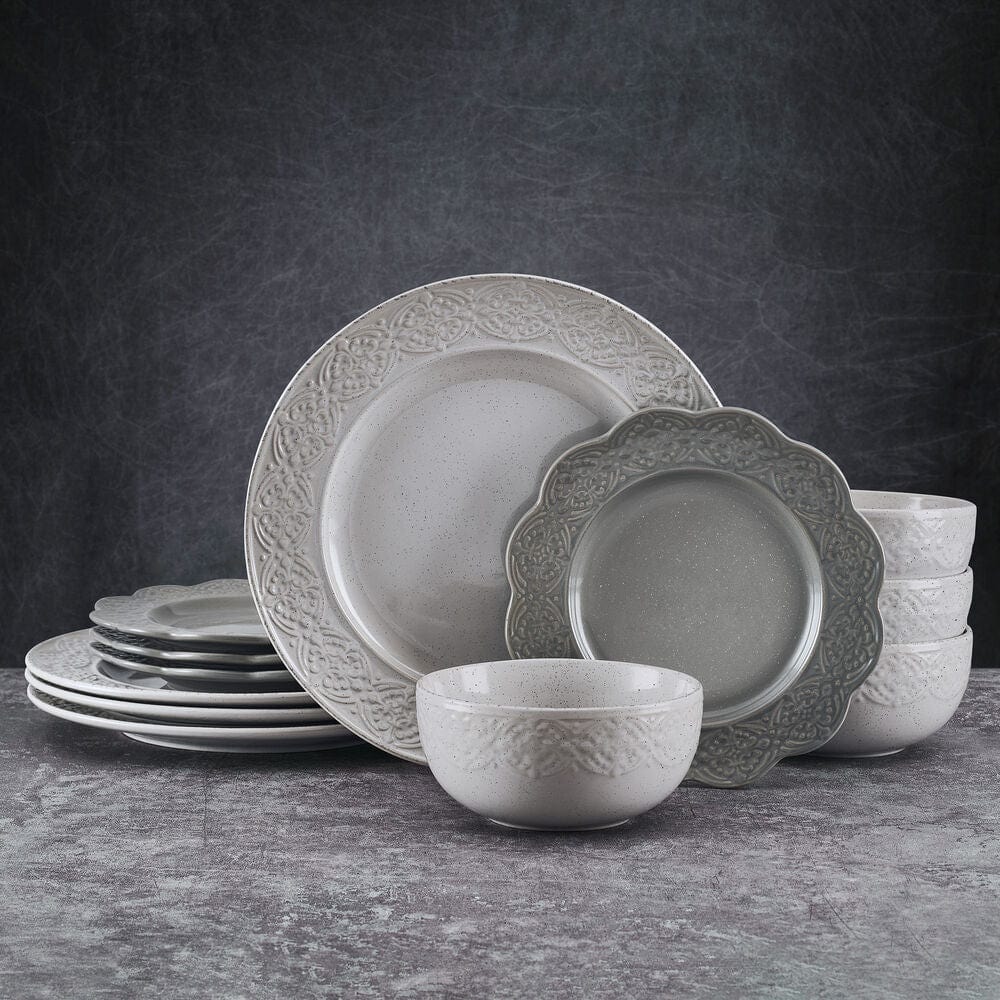 Close-up of embossed rim detailing on durable dinnerware for 4