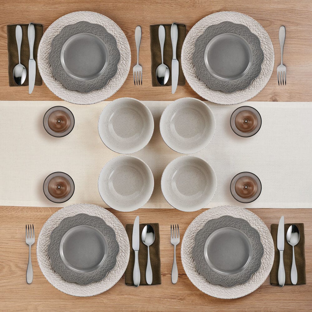 Embossed stoneware dinner plates with reactive glaze finish for daily use