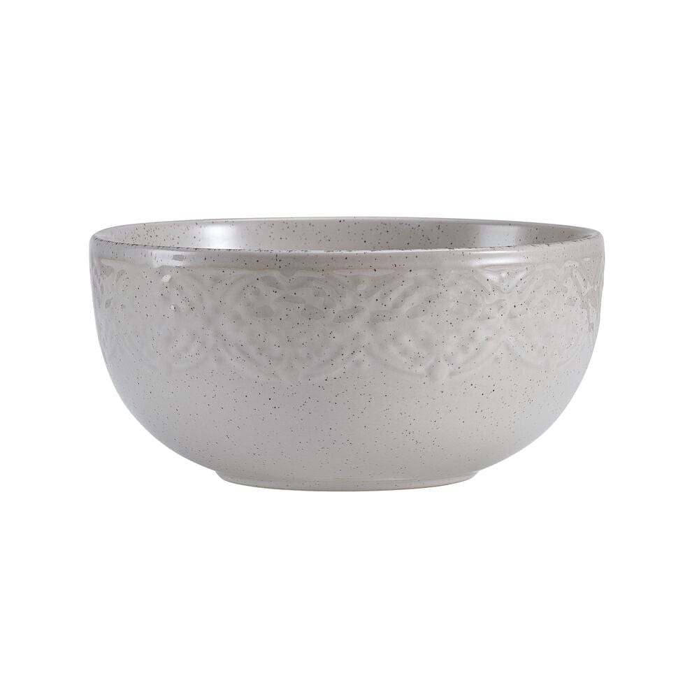 Close-up of embossed rim detailing on durable dinnerware for 4