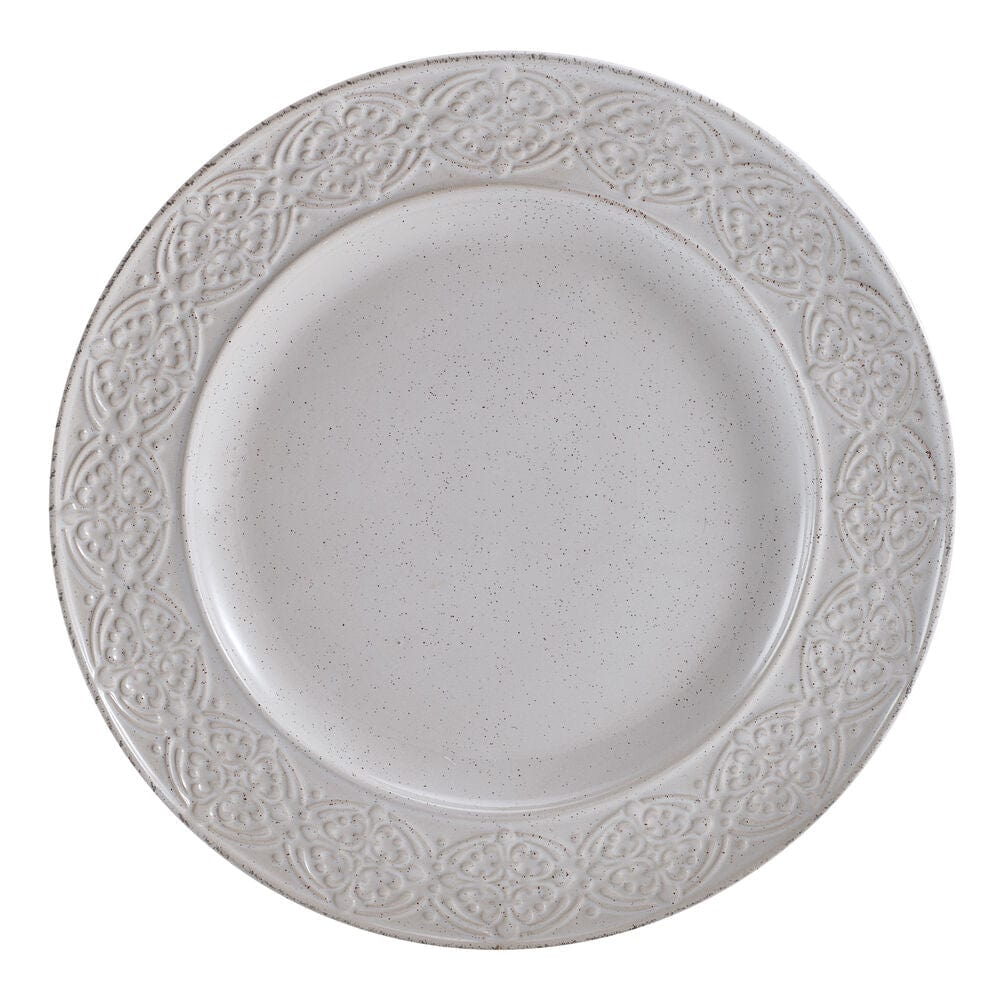Embossed stoneware dinner plates with reactive glaze finish for daily use