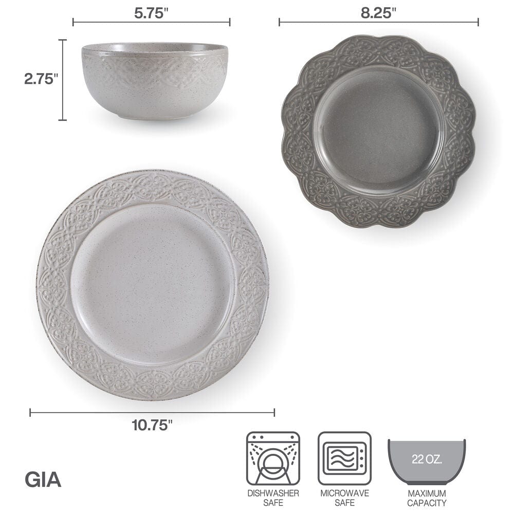 Close-up of embossed rim detailing on durable dinnerware for 4