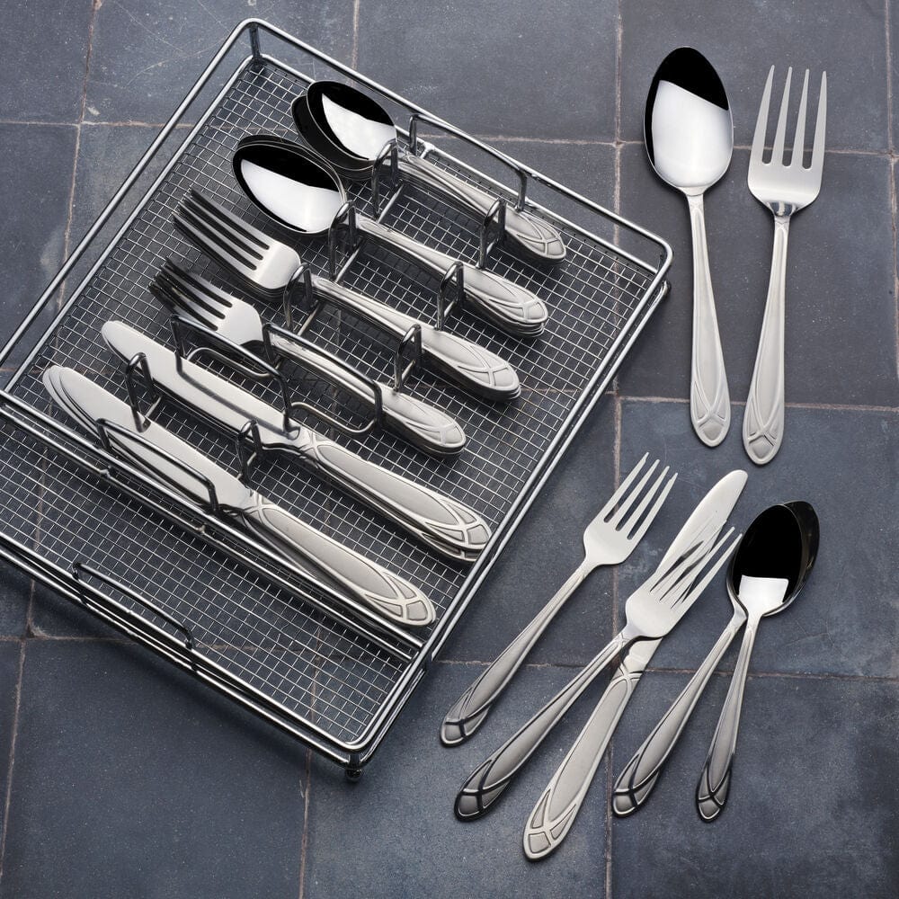 Close-up of Mirage Frost flatware set with matte and mirror finish, showcasing crisscross design