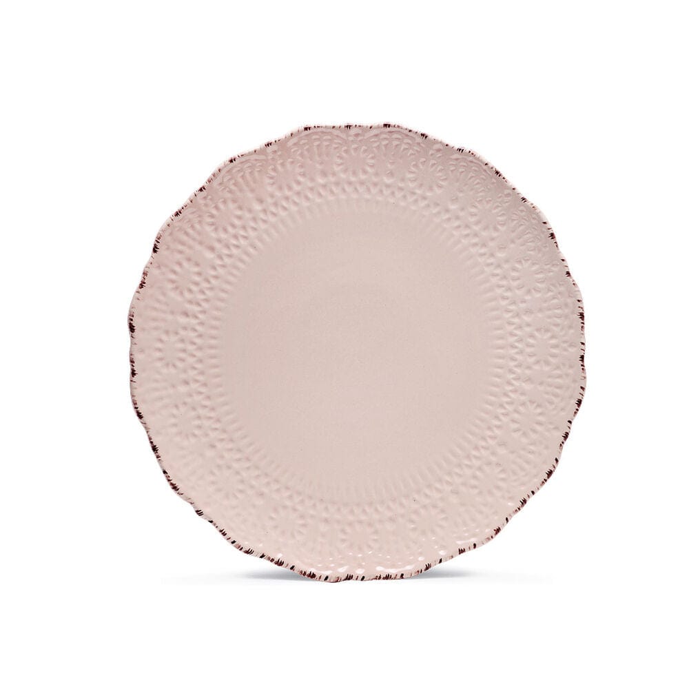 Dishwasher safe pink dinnerware featuring antique accents and intricate design