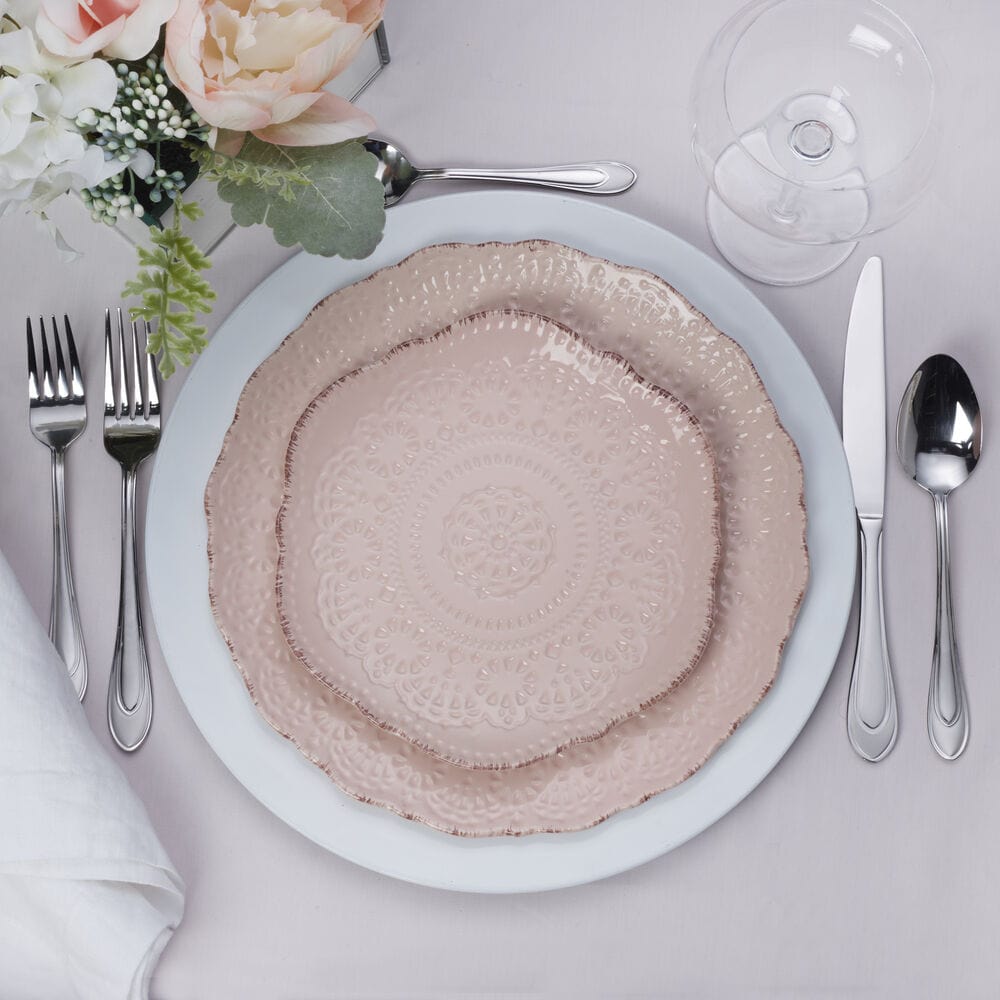 Microwave safe dinnerware for 4 in Chateau Pink design, perfect for entertaining