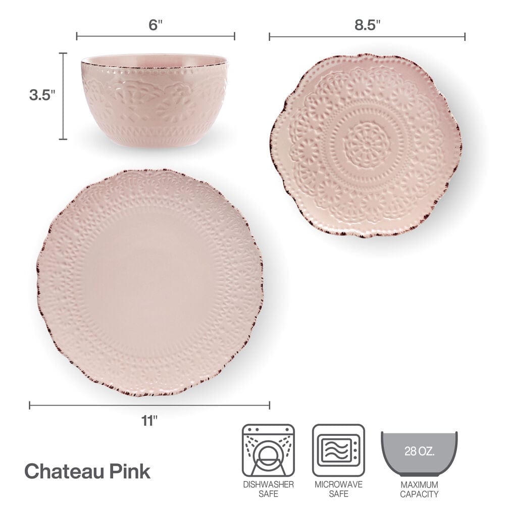 Elegant pink dinnerware set displayed on a modern dining table