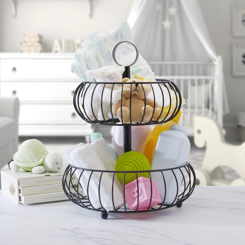 Monroe 2-tier fruit storage basket from the side, displaying its open-wire design and black finish.
