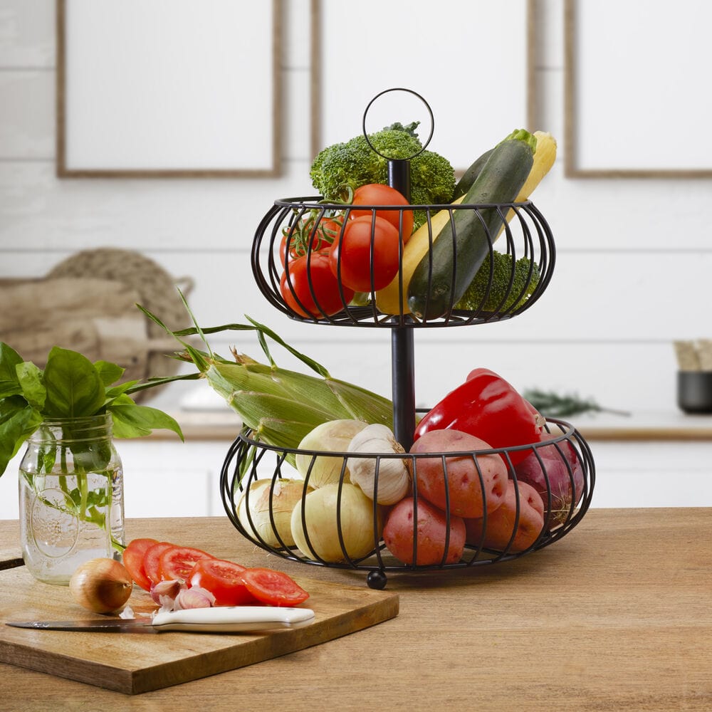 Monroe 2-tier fruit storage basket from the side, displaying its open-wire design and black finish.