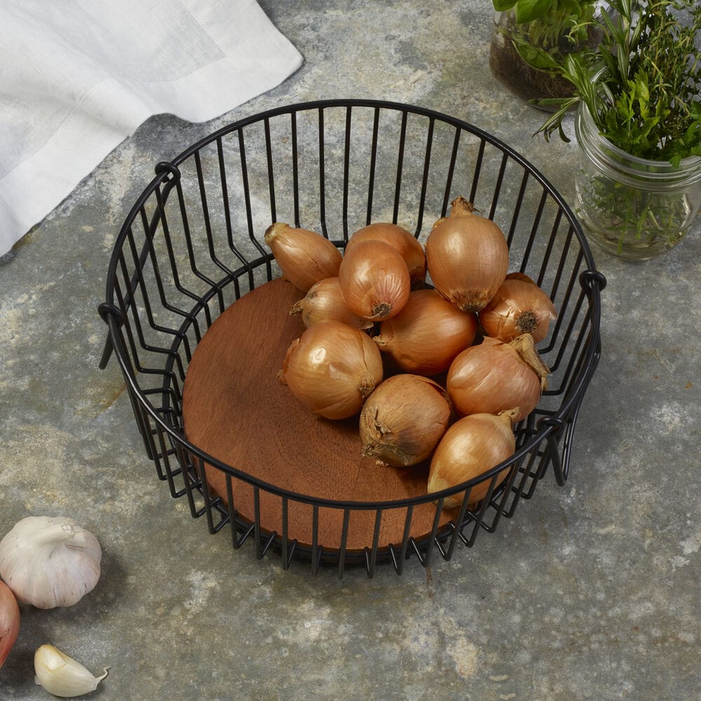 Close-up of the storage baskets wire frame and polished black finish