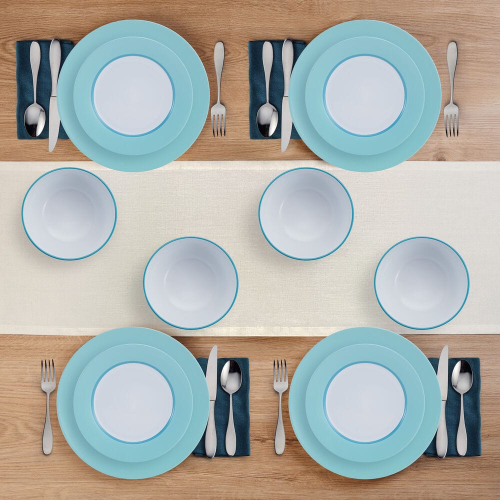 Grayson teal dinnerware set arranged for a dinner service for 4, highlighting its contemporary style.