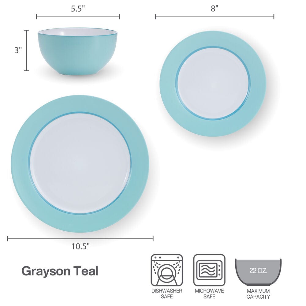 Grayson teal dinnerware set arranged for a dinner service for 4, highlighting its contemporary style.