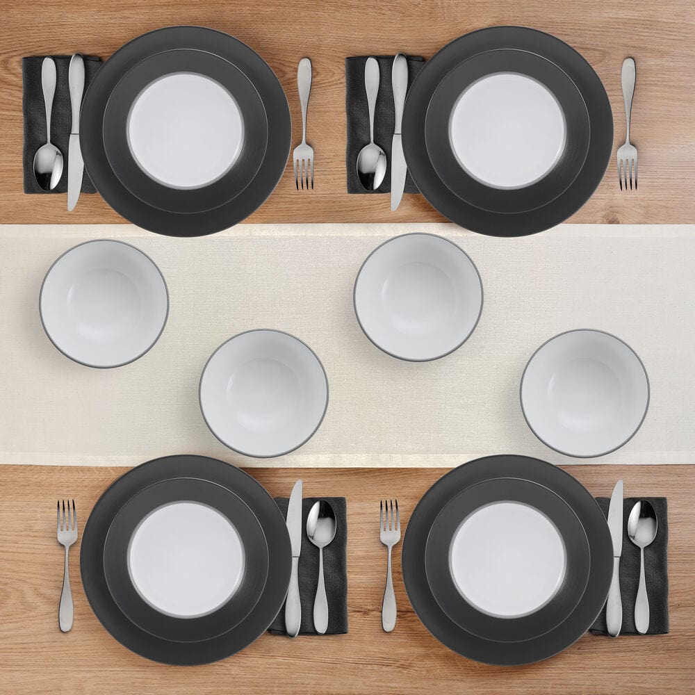 Stacked dishwasher safe dishes from the Grayson Charcoal dinnerware collection