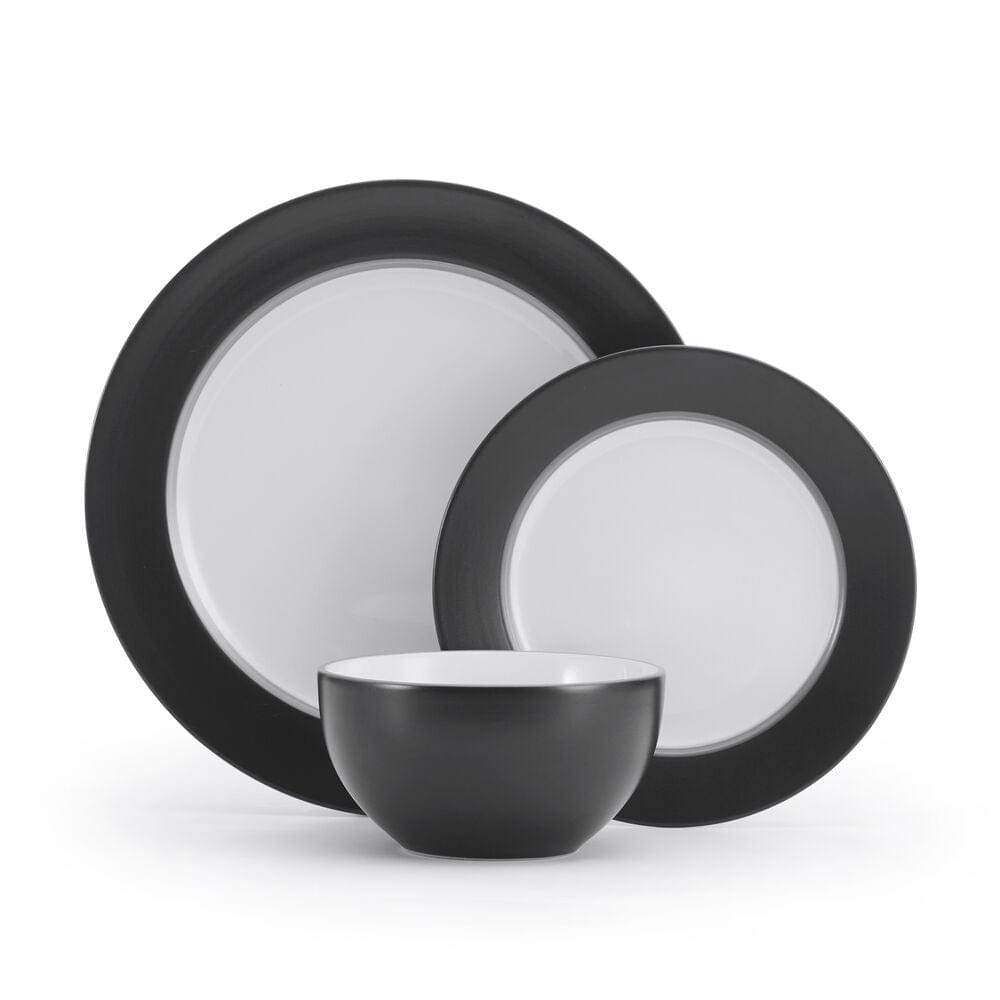 Stacked dishwasher safe dishes from the Grayson Charcoal dinnerware collection