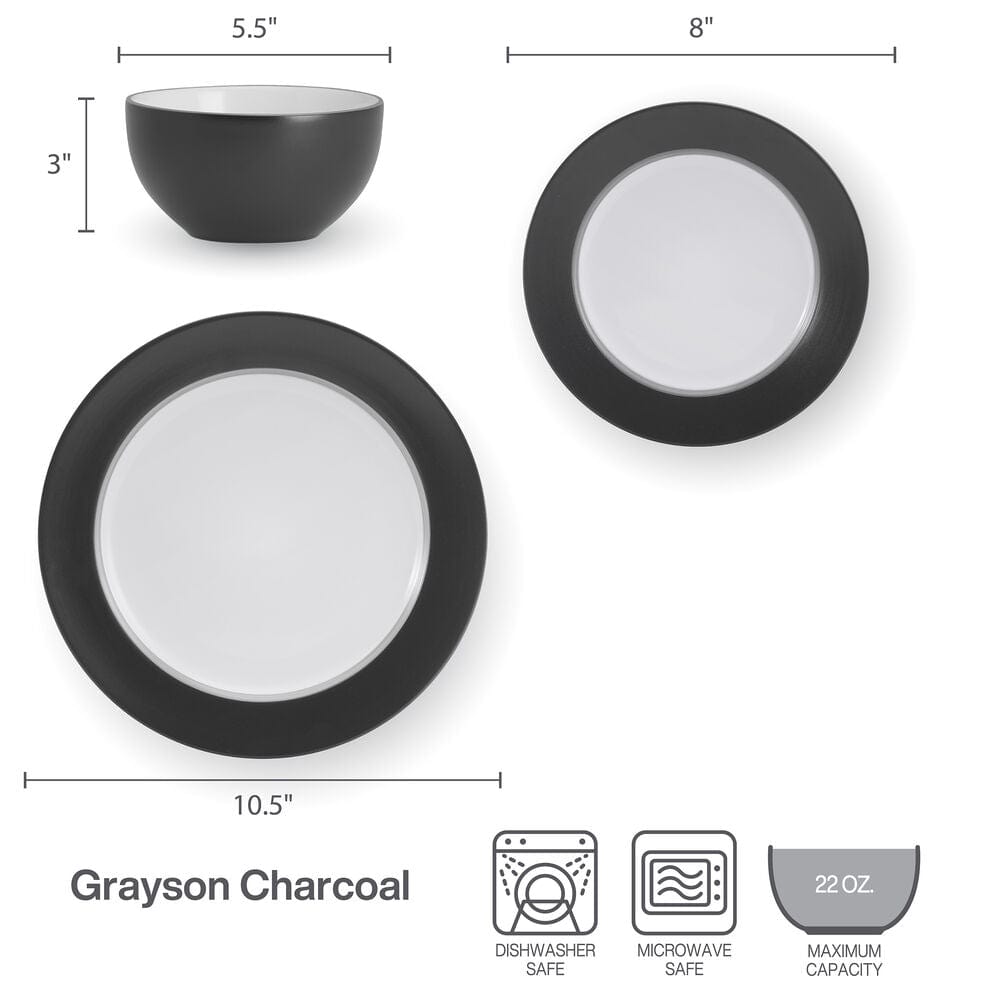 Set of four dinnerware plates, bowls, and salad plates on a modern table
