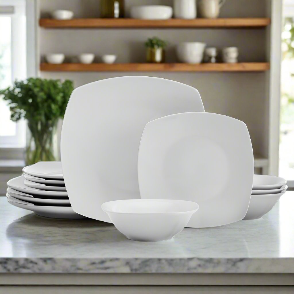 Modern porcelain dinnerware set with square plates and bowls for daily use