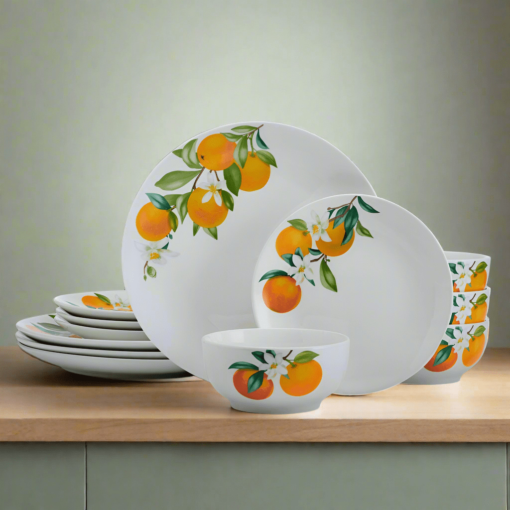 Vibrant Oranges dinner plate on a dining table, showcasing its contemporary design.