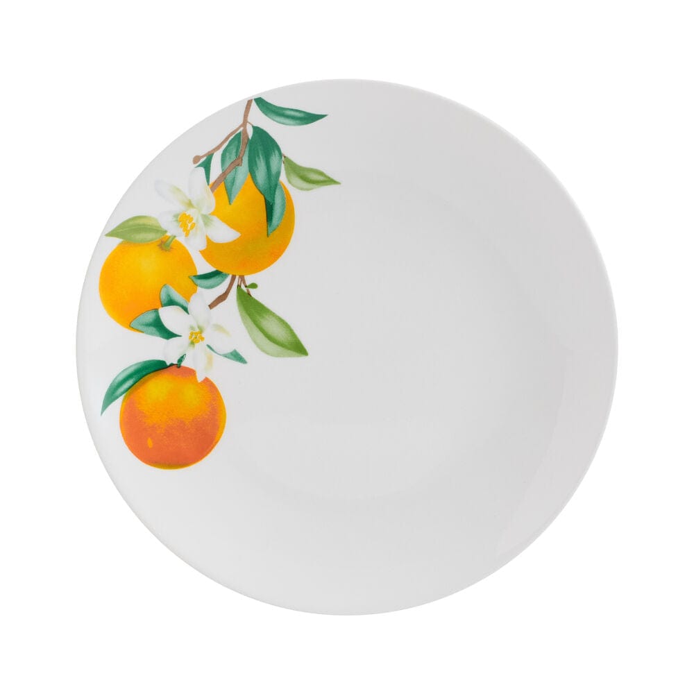 Set of Vibrant Oranges salad plates stacked, emphasizing their elegant fruit design.