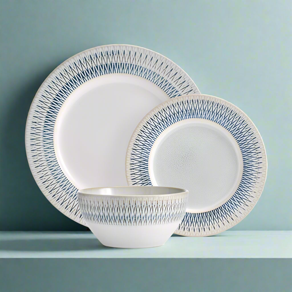 Full table setting with Casey Stoneware Dinnerware Set for 4, showcasing dinner plates, salad plates, and soup bowls.