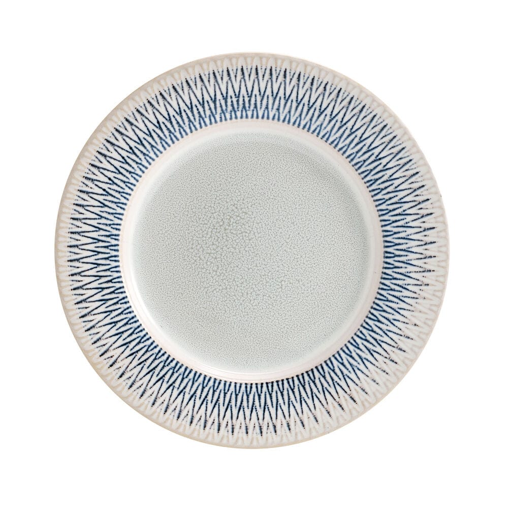 Casey Stoneware Dinnerware Set for 4, featuring embossed border, placed on a dining table.