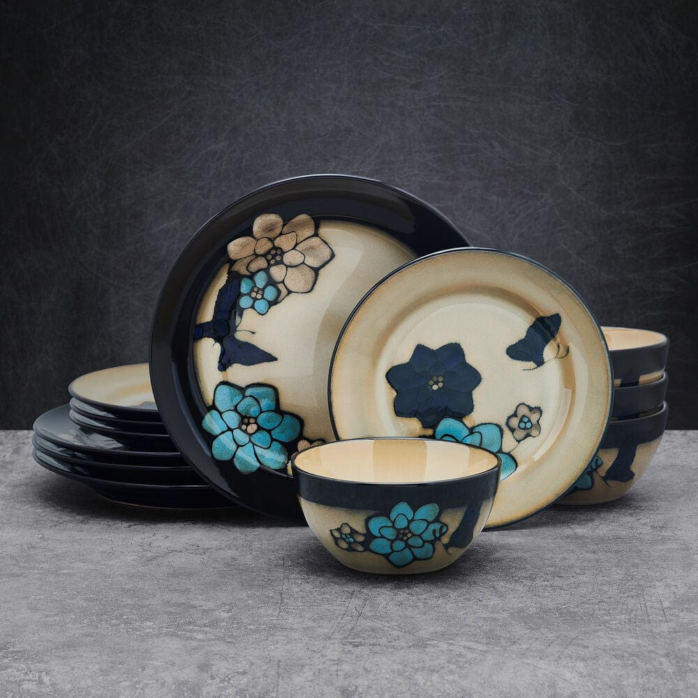Elegant Butterfly Blue dinner plate showcasing floral design and taupe center.