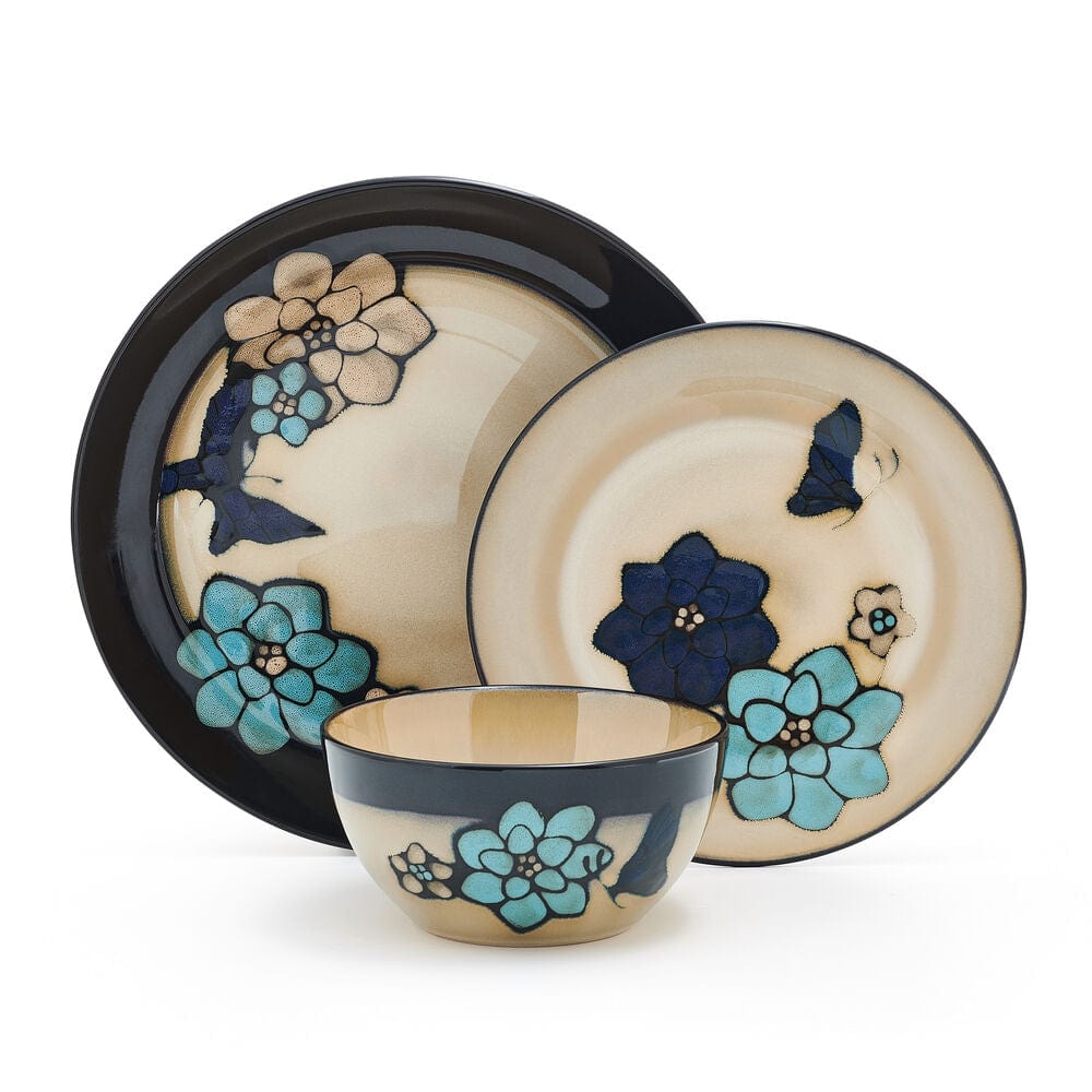 Elegant Butterfly Blue dinner plate showcasing floral design and taupe center.